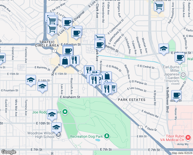 map of restaurants, bars, coffee shops, grocery stores, and more near 1471 North Greenbrier Road in Long Beach