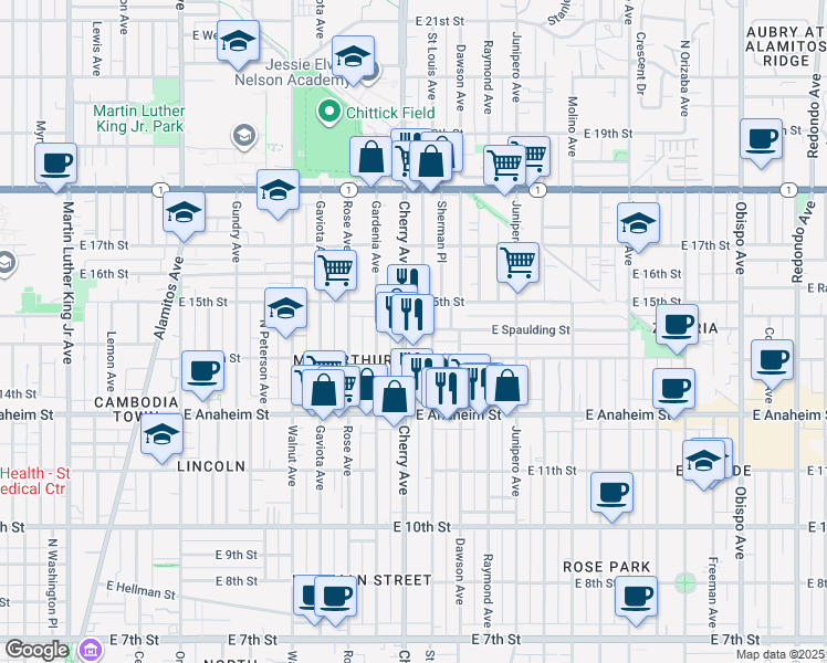 map of restaurants, bars, coffee shops, grocery stores, and more near 2024 East 15th Street in Long Beach