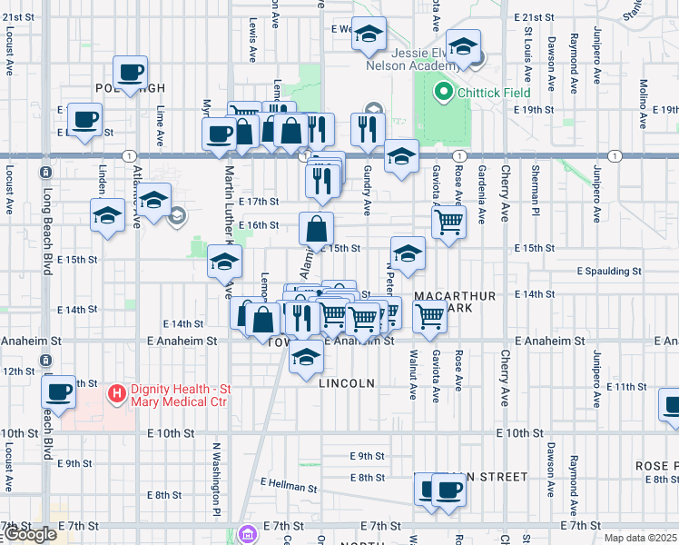 map of restaurants, bars, coffee shops, grocery stores, and more near 1480 Orange Avenue in Long Beach