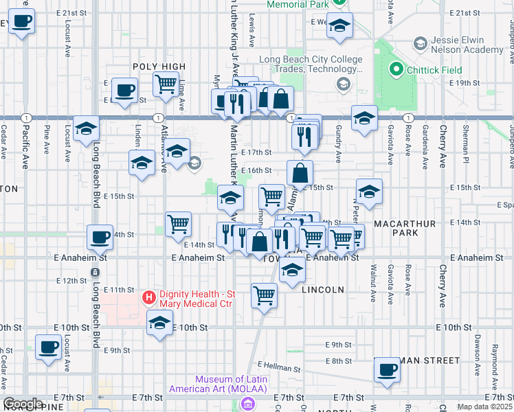 map of restaurants, bars, coffee shops, grocery stores, and more near 1490 Lemon Avenue in Long Beach