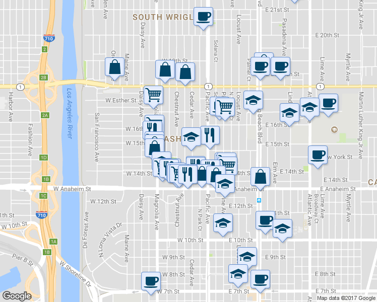 map of restaurants, bars, coffee shops, grocery stores, and more near 1497 Cedar Avenue in Long Beach