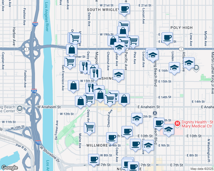 map of restaurants, bars, coffee shops, grocery stores, and more near 1486 Henderson Avenue in Long Beach