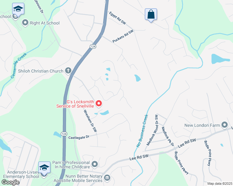 map of restaurants, bars, coffee shops, grocery stores, and more near 4206 Shoreside Circle Southwest in Snellville