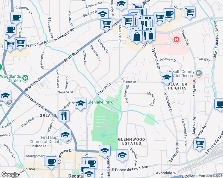 map of restaurants, bars, coffee shops, grocery stores, and more near 5 Knob Hills Circle in Decatur