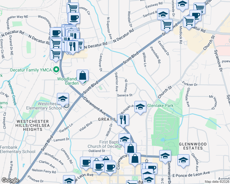 map of restaurants, bars, coffee shops, grocery stores, and more near 1031 Scott Boulevard in Decatur