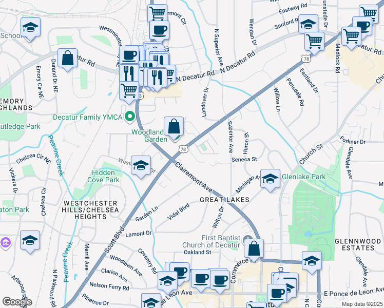 map of restaurants, bars, coffee shops, grocery stores, and more near 942 Scott Boulevard in Decatur