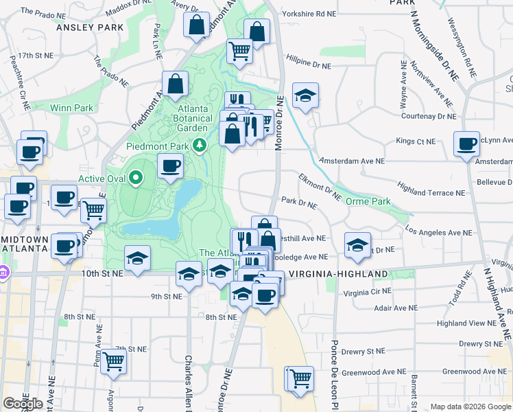 map of restaurants, bars, coffee shops, grocery stores, and more near 570 Elmwood Drive Northeast in Atlanta