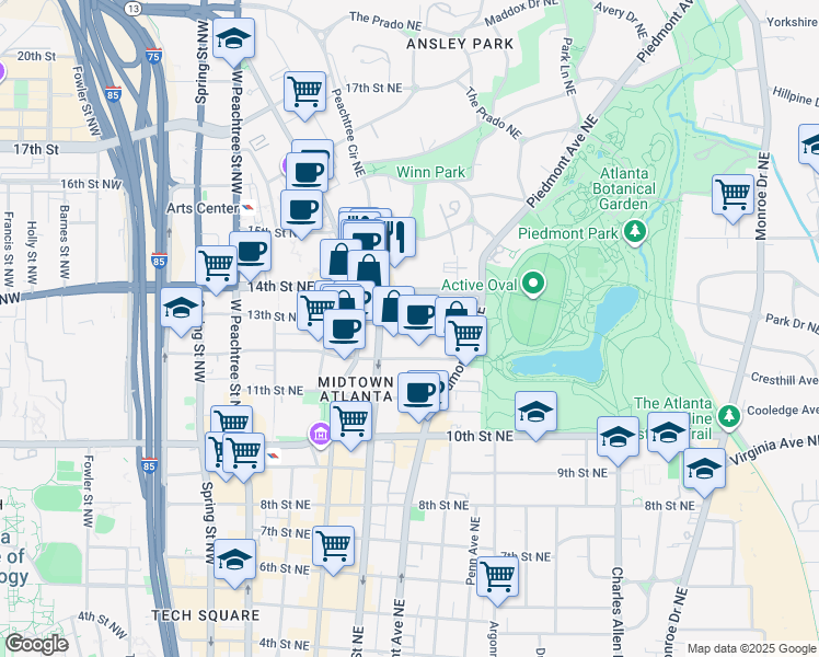 map of restaurants, bars, coffee shops, grocery stores, and more near 195 14th Street Northeast in Atlanta