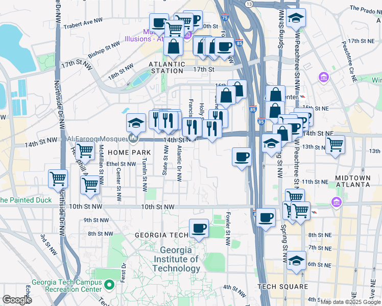 map of restaurants, bars, coffee shops, grocery stores, and more near 6 Holly Downs Court Northwest in Atlanta