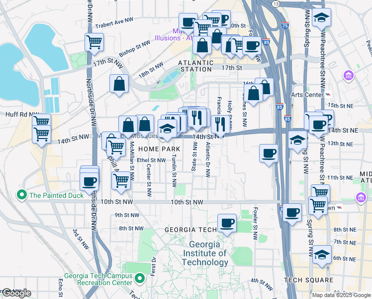 map of restaurants, bars, coffee shops, grocery stores, and more near 350 14th Street Northwest in Atlanta
