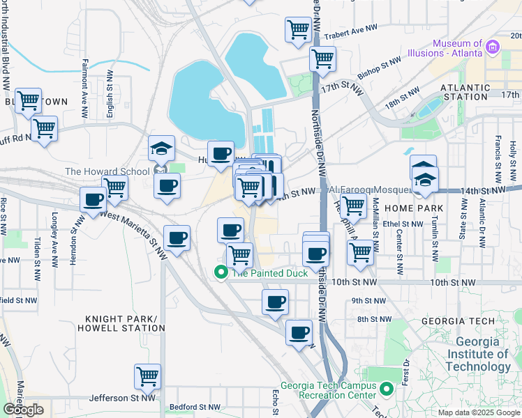 map of restaurants, bars, coffee shops, grocery stores, and more near 691 14th Street Northwest in Atlanta