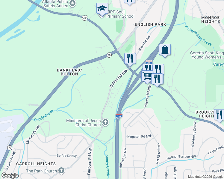 map of restaurants, bars, coffee shops, grocery stores, and more near 1020-1188 Bolton Road Northwest in Atlanta