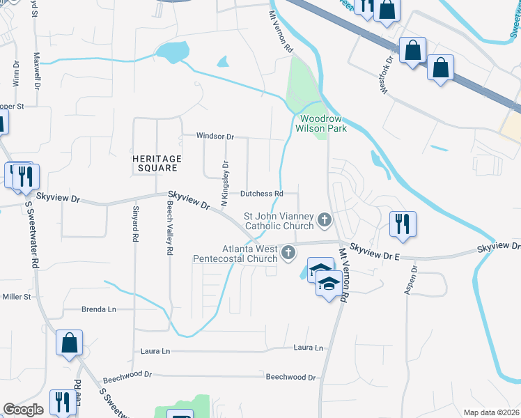 map of restaurants, bars, coffee shops, grocery stores, and more near 2031 Dutchess Road in Lithia Springs