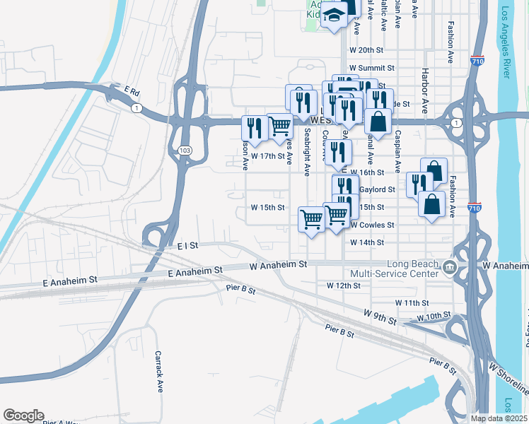 map of restaurants, bars, coffee shops, grocery stores, and more near 2156 West Gaylord Street in Long Beach