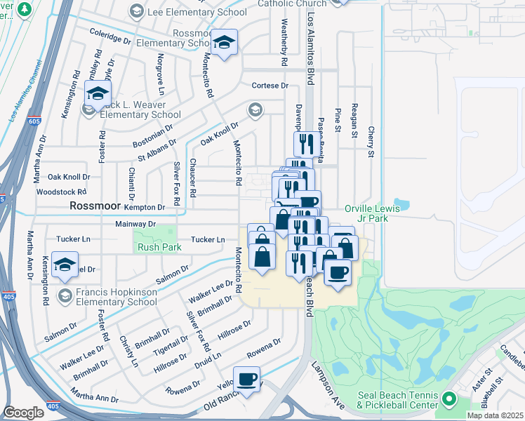 map of restaurants, bars, coffee shops, grocery stores, and more near 12200 Montecito Road in Seal Beach