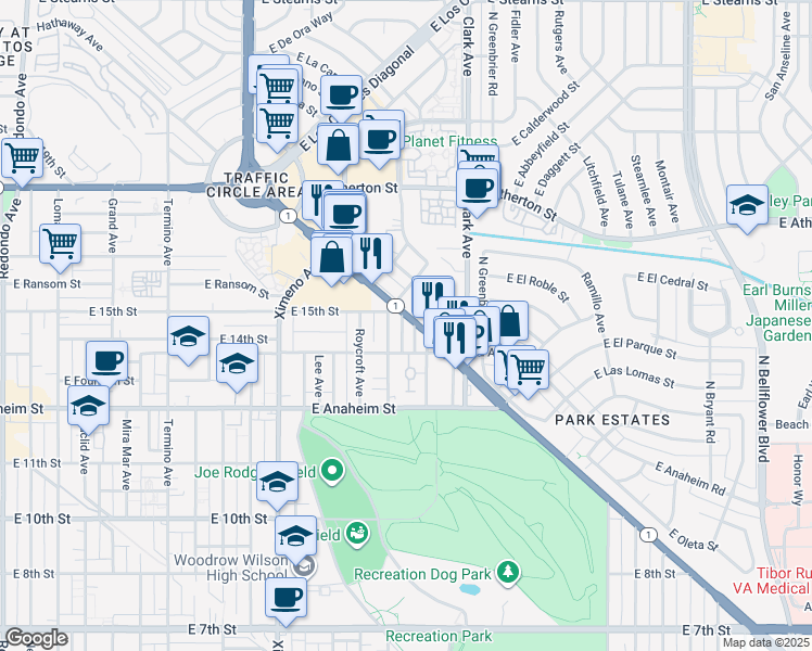 map of restaurants, bars, coffee shops, grocery stores, and more near in Anaheim
