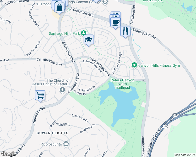 map of restaurants, bars, coffee shops, grocery stores, and more near 8124 East Sprucewood Avenue in Orange