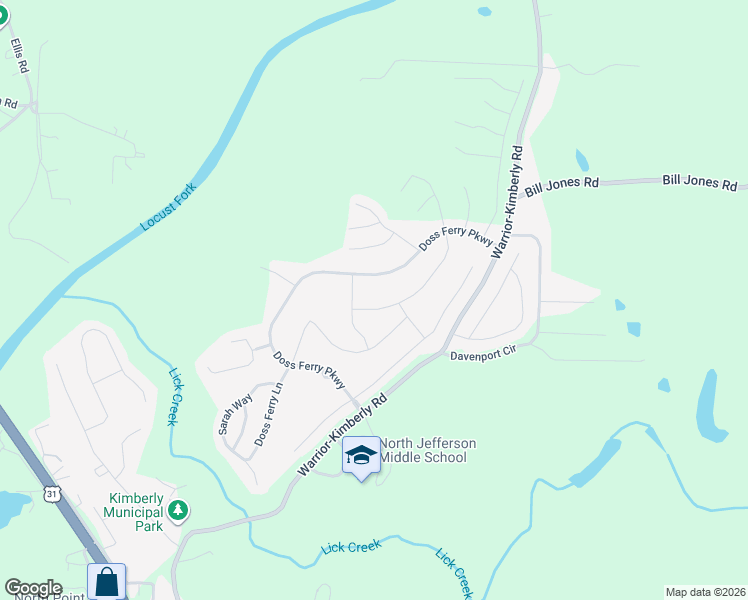 map of restaurants, bars, coffee shops, grocery stores, and more near 504 Doss Ferry Parkway in Kimberly
