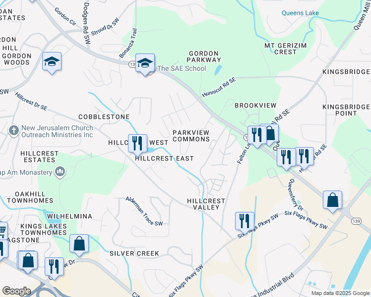 map of restaurants, bars, coffee shops, grocery stores, and more near 6896 Gallant Circle Southeast in Mableton