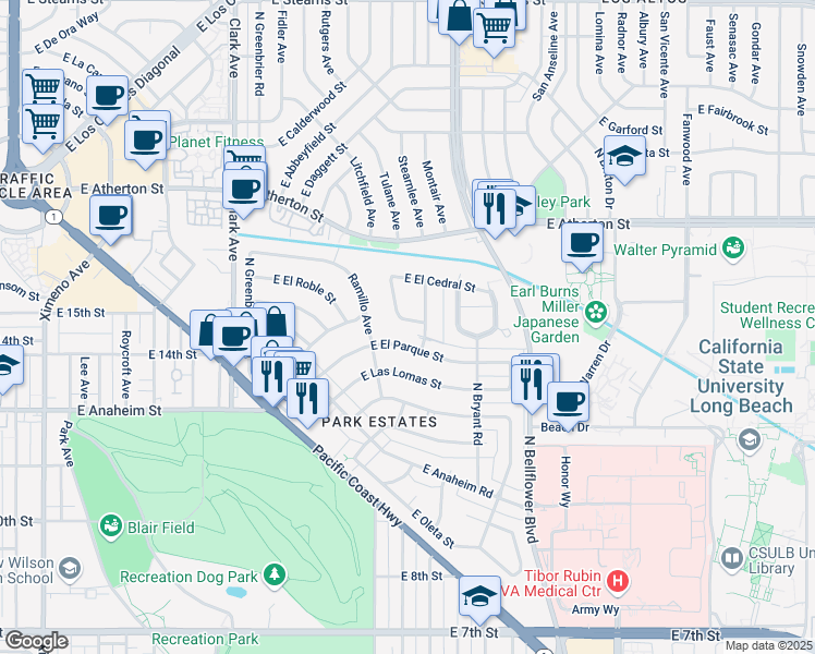 map of restaurants, bars, coffee shops, grocery stores, and more near 1425 La Perla Avenue in Long Beach