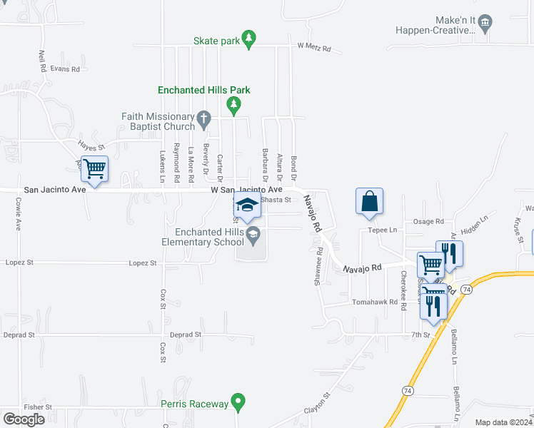 map of restaurants, bars, coffee shops, grocery stores, and more near 1298 Mount Diablo Street in Perris