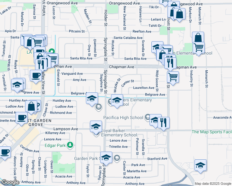 map of restaurants, bars, coffee shops, grocery stores, and more near 12202 Wutzke Street in Garden Grove