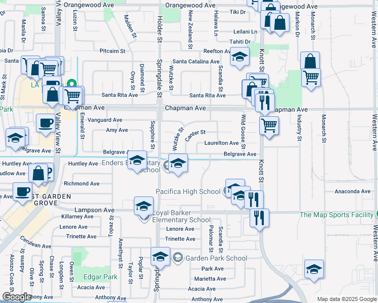map of restaurants, bars, coffee shops, grocery stores, and more near 12202 Canter Street in Garden Grove