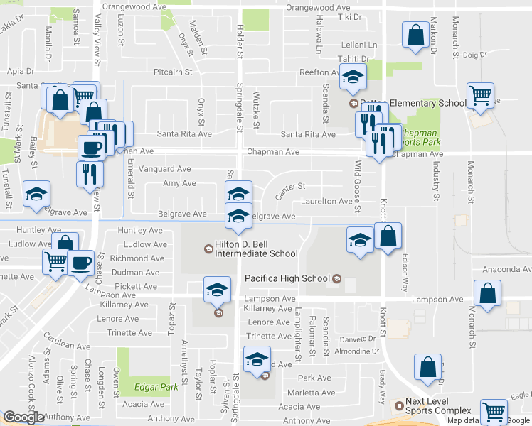 map of restaurants, bars, coffee shops, grocery stores, and more near 12202 Wutzke Street in Garden Grove