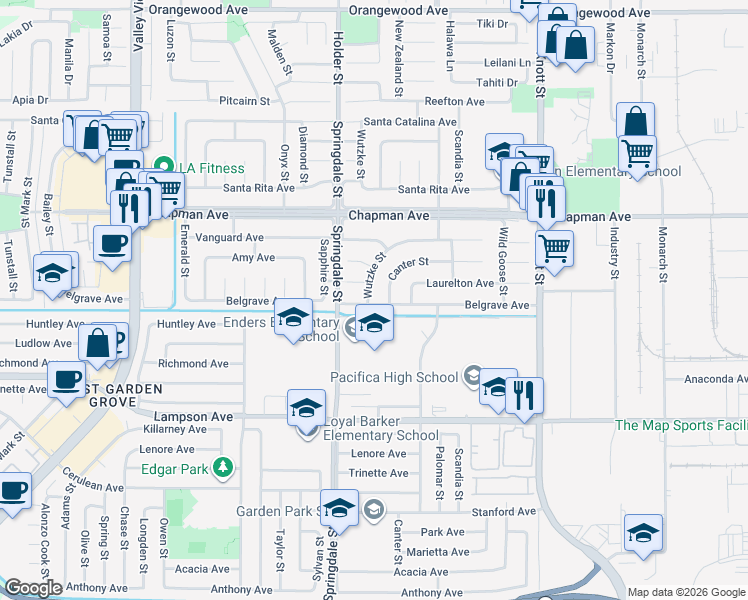 map of restaurants, bars, coffee shops, grocery stores, and more near 12202 Wutzke Street in Garden Grove