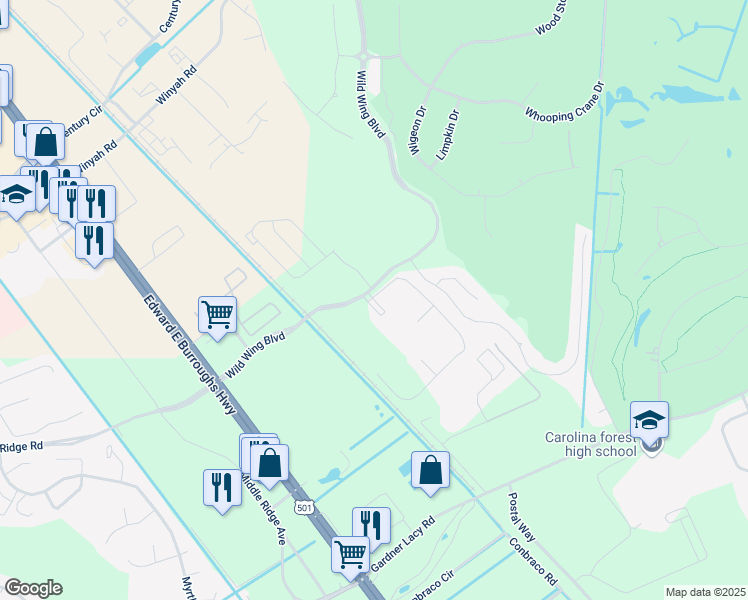 map of restaurants, bars, coffee shops, grocery stores, and more near 340 Kiskadee Loop in Conway