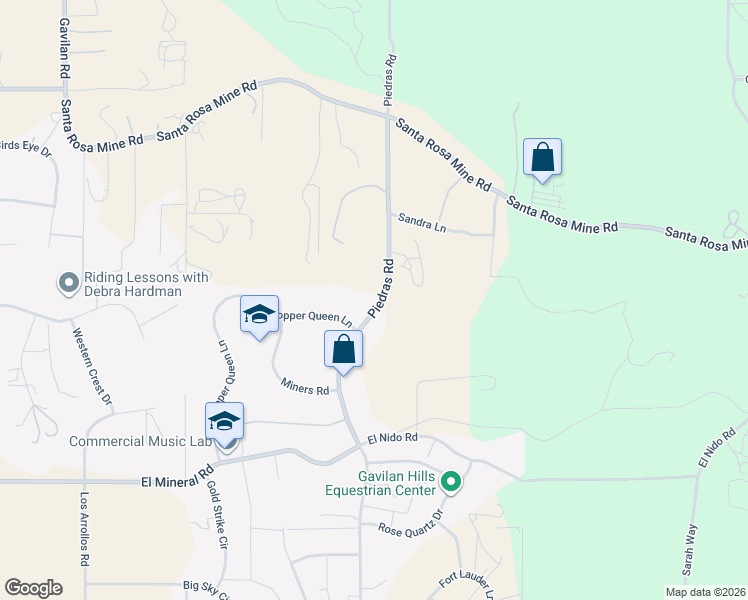 map of restaurants, bars, coffee shops, grocery stores, and more near 23045 Piedras Road in Perris