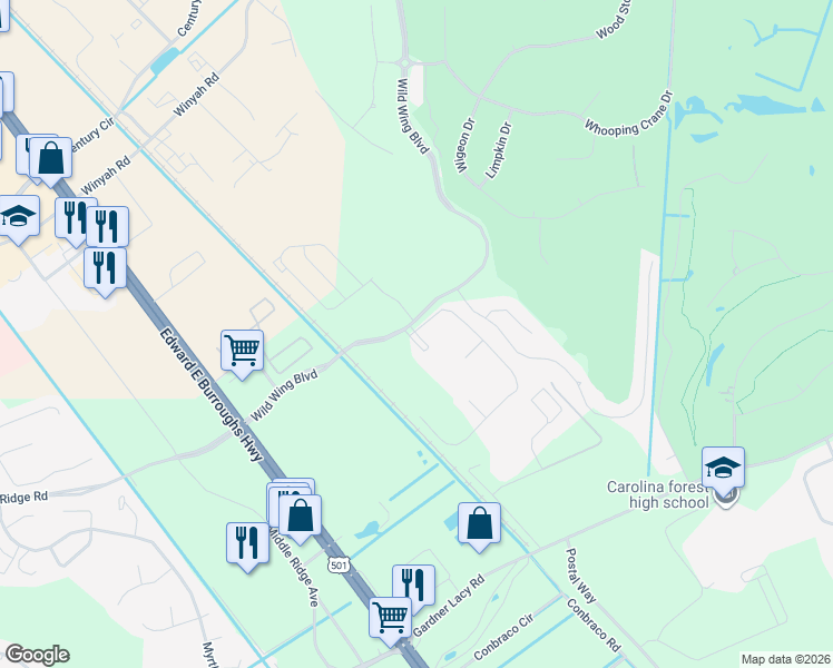 map of restaurants, bars, coffee shops, grocery stores, and more near 328 Kiskadee Loop in Conway