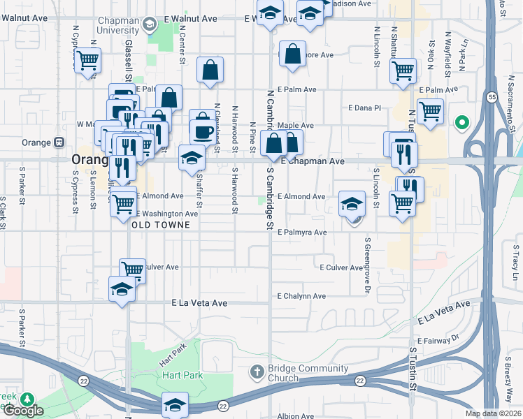 map of restaurants, bars, coffee shops, grocery stores, and more near 837 East Almond Avenue in Orange