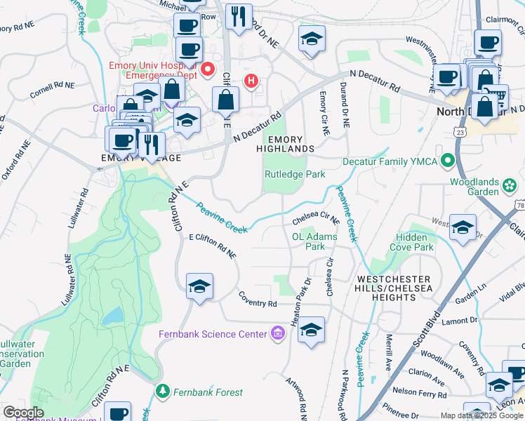 map of restaurants, bars, coffee shops, grocery stores, and more near 1714 Ridgewood Drive Northeast in Atlanta
