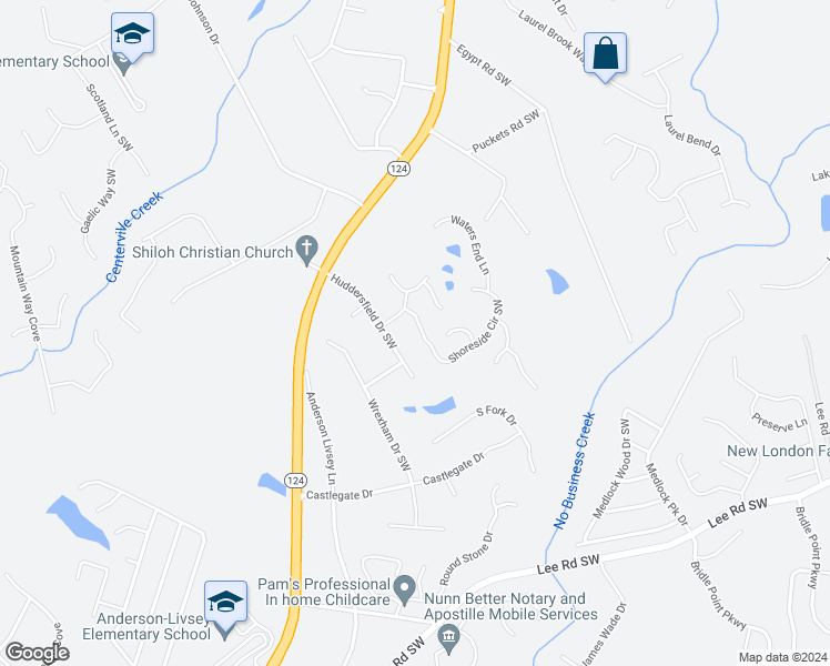 map of restaurants, bars, coffee shops, grocery stores, and more near 4057 Shoreside Circle Southwest in Snellville