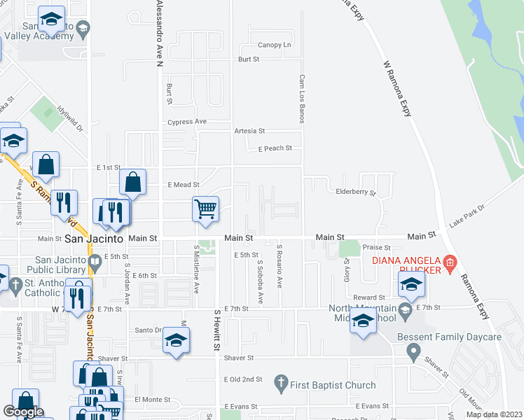 map of restaurants, bars, coffee shops, grocery stores, and more near 665 E Main St in San Jacinto