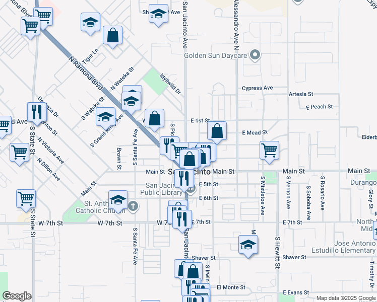 map of restaurants, bars, coffee shops, grocery stores, and more near 241 South San Jacinto Avenue in San Jacinto