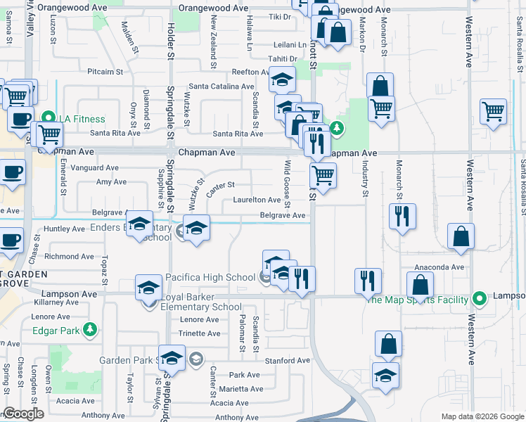 map of restaurants, bars, coffee shops, grocery stores, and more near 6811 Belgrave Avenue in Garden Grove