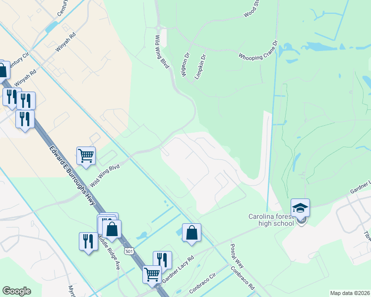 map of restaurants, bars, coffee shops, grocery stores, and more near 308 Wild Wing Boulevard in Conway