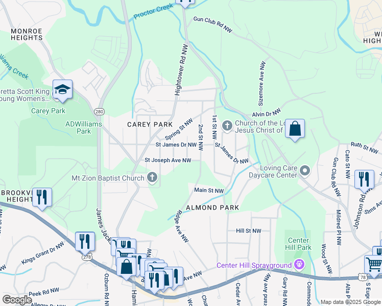 map of restaurants, bars, coffee shops, grocery stores, and more near 1111 3rd Street Northwest in Atlanta