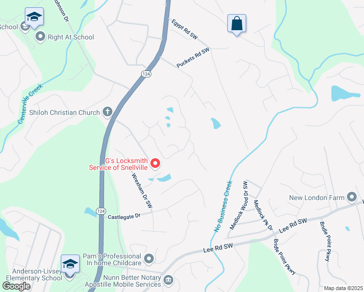 map of restaurants, bars, coffee shops, grocery stores, and more near 4206 Shoreside Circle Southwest in Snellville