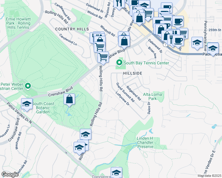 map of restaurants, bars, coffee shops, grocery stores, and more near 2718 Loftyview Drive in Torrance