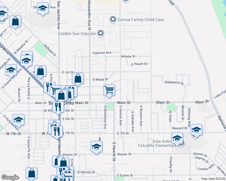 map of restaurants, bars, coffee shops, grocery stores, and more near 511 East 2nd Street in San Jacinto