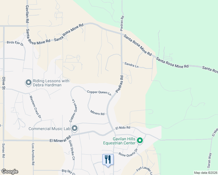 map of restaurants, bars, coffee shops, grocery stores, and more near 23045 Piedras Road in Perris