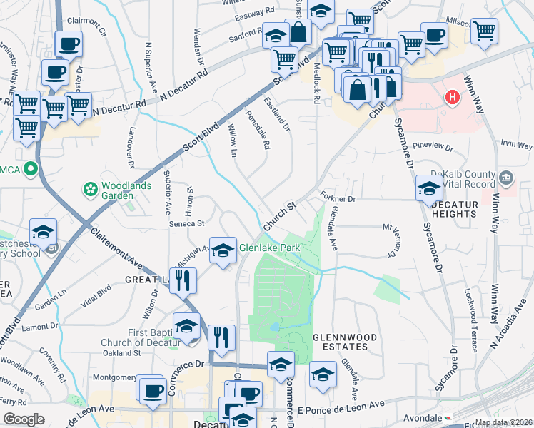 map of restaurants, bars, coffee shops, grocery stores, and more near 1210 Church Street in Decatur