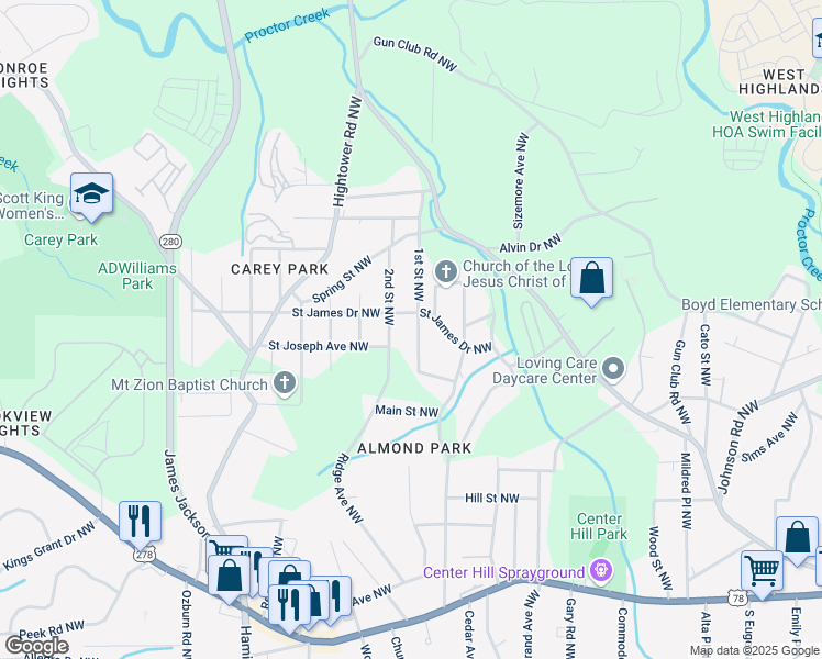 map of restaurants, bars, coffee shops, grocery stores, and more near 1110 1st Street Northwest in Atlanta