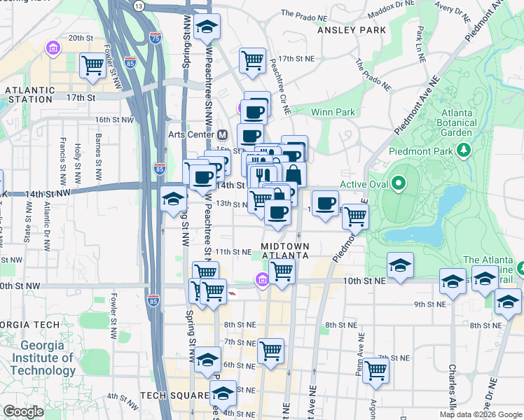 map of restaurants, bars, coffee shops, grocery stores, and more near 1122 Crescent Avenue Northeast in Atlanta