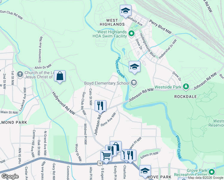 map of restaurants, bars, coffee shops, grocery stores, and more near 1976 East Avenue Northwest in Atlanta