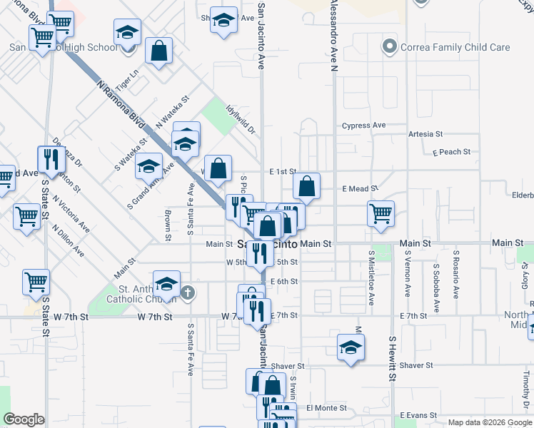 map of restaurants, bars, coffee shops, grocery stores, and more near 239 South San Jacinto Avenue in San Jacinto