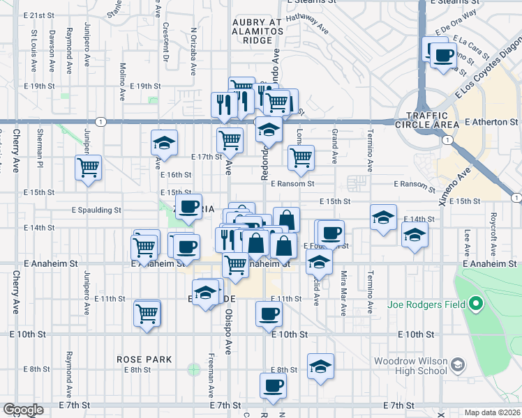 map of restaurants, bars, coffee shops, grocery stores, and more near 3403 East 15th Street in Long Beach